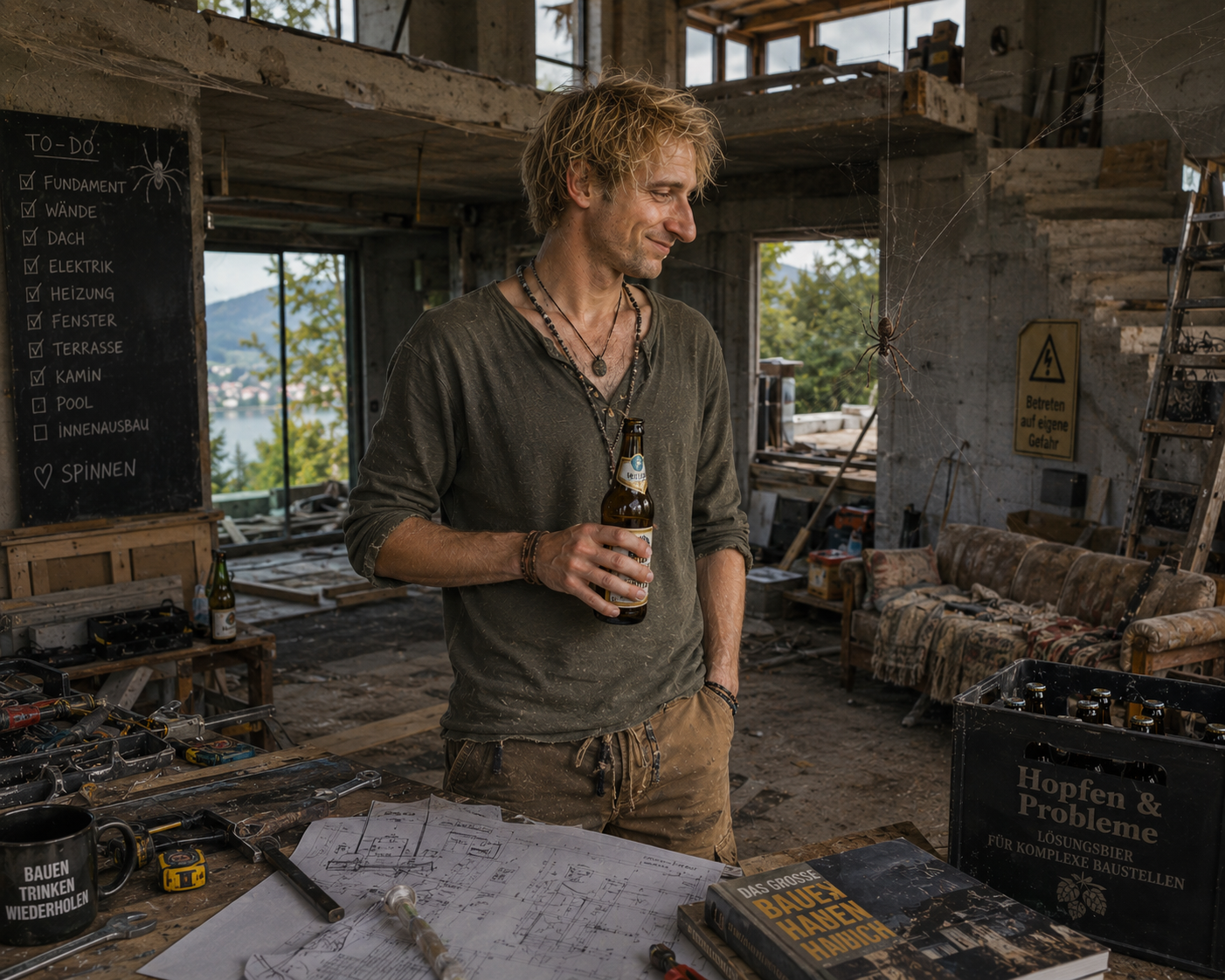 A man holding a beer in a partially built house filled with tools and spider webs